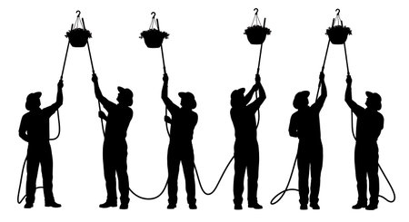 Black Solid Horticulturist Watering Wand Silhouettes Set of Six on White Background isolated on plain white background.のイラスト素材