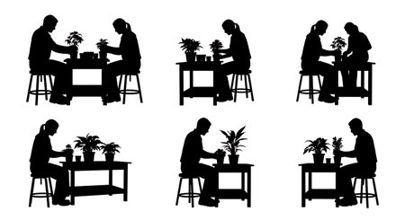Black Solid Horticulturist Sitting Stool Silhouettes Set of Six on White Background isolated on plain white background.のイラスト素材