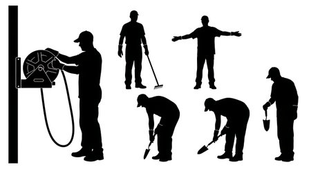 Black Solid Horticulturist Sorting Seeds Silhouettes Set of Six on White Background isolated on plain white background.のイラスト素材