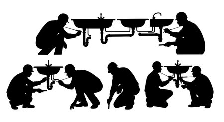 Black Solid Inspector Checking Plumbing Silhouettes Set of Six on White Background isolated on plain white background.のイラスト素材