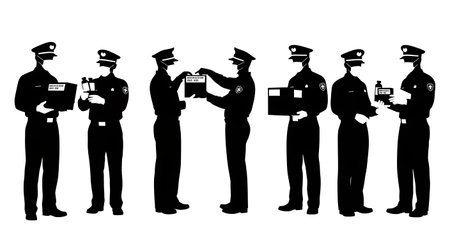 Black Solid Inspector Expiry Check Silhouettes Set of Six on White Background isolated on plain white background.のイラスト素材