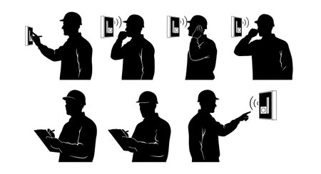 Black Solid Inspector Doorbell Test Silhouettes Set of Six on White Background isolated on plain white background.のイラスト素材