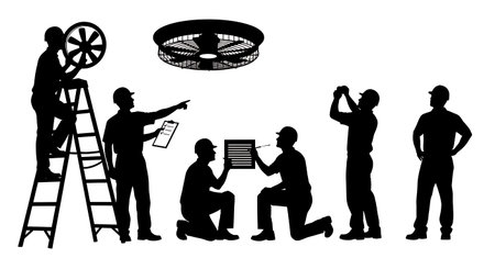 Black Solid Inspector Attic Fan Silhouettes Set of Six on White Background isolated on plain white background.のイラスト素材