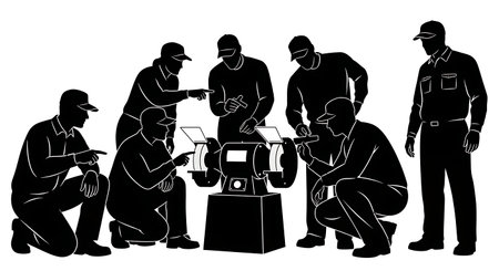 Black Solid Inspector Grinder Check Silhouettes Set of Six on White Background isolated on plain white background.のイラスト素材