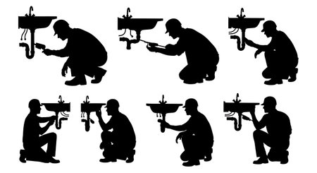 Black Solid Inspector Checking Plumbing Silhouettes Set of Six on White Background isolated on plain white background.のイラスト素材