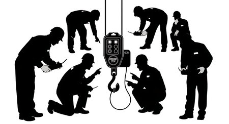 Black Solid Inspector Hoist Pendant Silhouettes Set of Six on White Background isolated on plain white background.のイラスト素材