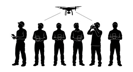 Black Solid Inspector Drone Pilot Silhouettes Set of Six on White Background isolated on plain white...