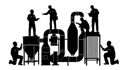 Black Solid Inspector Dust Collector Silhouettes Set of Six on White Background isolated on plain white background.のイラスト素材