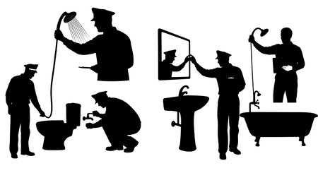 Black Solid Inspector Shower Flow Silhouettes Set of Six on White Background isolated on plain white background.のイラスト素材