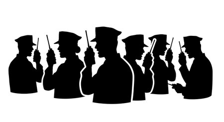 Black Solid Inspector Radio Talk Silhouettes Set of Six on White Background isolated on plain white...