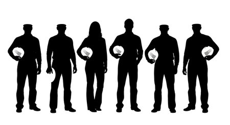 Black Solid Planner Hardhat Underarm Silhouettes Set of Six on White Background isolated on plain...