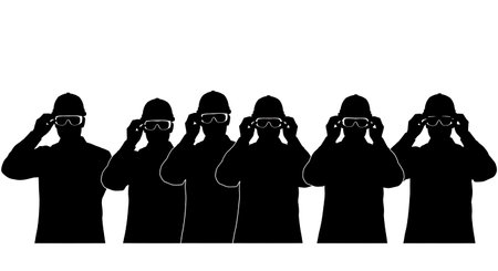 Black Solid Inspector Safety Glasses Silhouettes Set of Six on White Background isolated on plain white background.のイラスト素材