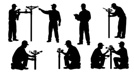 Black Solid Inspector Sprinkler Head Silhouettes Set of Six on White Background isolated on plain white background.のイラスト素材