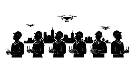 Black Solid Planner Drone Survey Silhouettes Set of Six on White Background isolated on plain white...