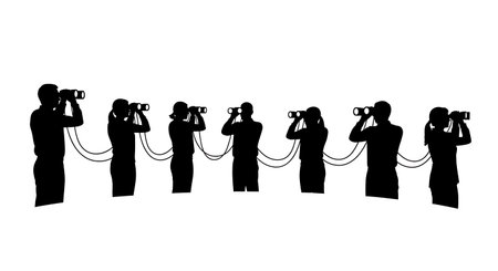 Black Solid Planner Binoculars Look Silhouettes Set of Six on White Background isolated on plain white background.のイラスト素材