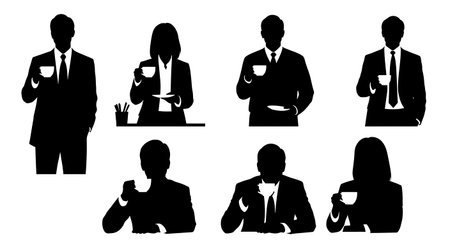 Black Solid Planner Coffee Break Silhouettes Set of Six on White Background isolated on plain white background.のイラスト素材