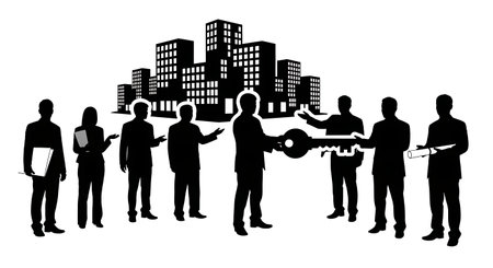 Black Solid Planner Handing Key Silhouettes Set of Six on White Background isolated on plain white background.のイラスト素材