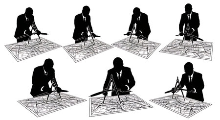 Black Solid Planner Compass Map Silhouettes Set of Six on White Background isolated on plain white background.のイラスト素材