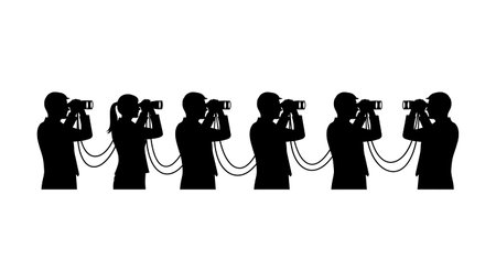 Black Solid Planner Binoculars Look Silhouettes Set of Six on White Background isolated on plain...