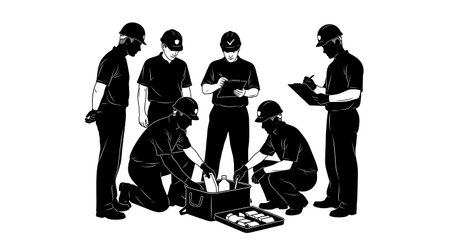 Black Solid Inspector Spill Kit Silhouettes Set of Six on White Background isolated on plain white background.のイラスト素材