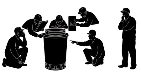 Black Solid Inspector Garbage Disposal Silhouettes Set of Six on White Background isolated on plain white background.のイラスト素材
