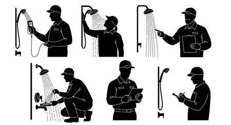 Black Solid Inspector Shower Flow Silhouettes Set of Six on White Background isolated on plain white background.のイラスト素材