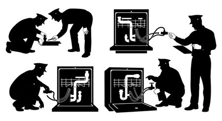 Black Solid Inspector Dishwasher Check Silhouettes Set of Six on White Background isolated on plain white background.のイラスト素材