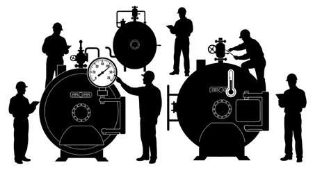 Black Solid Inspector Boiler Gauge Silhouettes Set of Six on White Background isolated on plain white background.のイラスト素材
