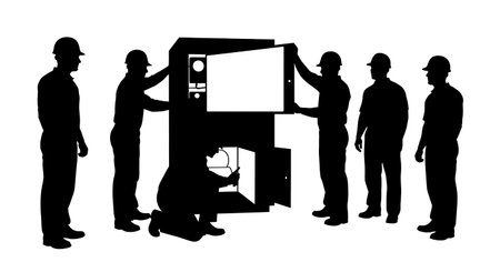 Black Solid Inspector Opening Furnace Silhouettes Set of Six on White Background isolated on plain white background.のイラスト素材