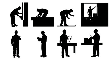 Black Solid Inspector Fume Hood Silhouettes Set of Six on White Background isolated on plain white background.のイラスト素材
