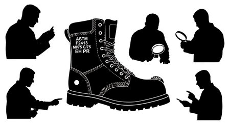Black Solid Inspector Boot Label Silhouettes Set of Six on White Background isolated on plain white background.のイラスト素材