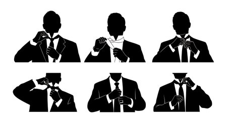 Black Solid Realtor Adjusting Tie Silhouettes Set of Six on White Background isolated on plain white background.のイラスト素材