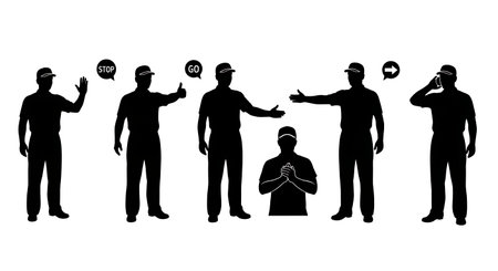 Black Solid Tractor Driver Hand Signals Silhouettes Set of Six on White Background isolated on plain white background.のイラスト素材