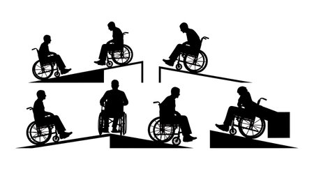 Black Solid Planner Wheelchair Test Silhouettes Set of Six on White Background isolated on plain white background.のイラスト素材