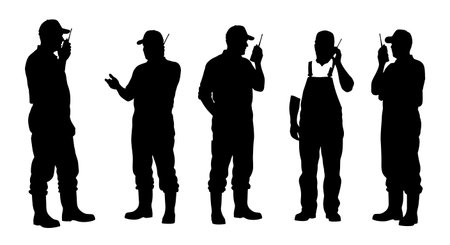 Black Solid Farmer Radio Talk Silhouettes Set of Six on White Background isolated on plain white background.のイラスト素材