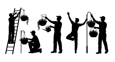 Black Solid Gardener Hanging Basket Silhouettes Set of Six on White Background isolated on plain white background.のイラスト素材