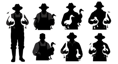 Black Solid Farmer Picking Berries Silhouettes Set of Six on White Background isolated on plain white background.のイラスト素材