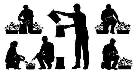 Black Solid Gardener Scooping Fertilizer Silhouettes Set of Six on White Background isolated on plain white background.のイラスト素材