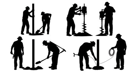 Black Solid Gardener Fence Post Silhouettes Set of Six on White Background isolated on plain white background.のイラスト素材