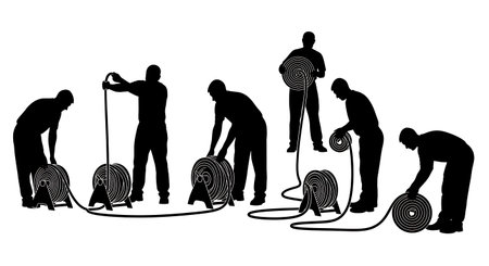 Black Solid Gardener Rolling Hose Silhouettes Set of Six on White Background isolated on plain white background.のイラスト素材