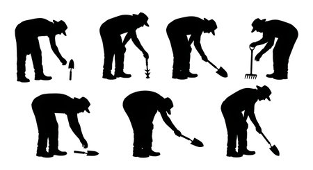 Black Solid Gardener Picking Up Tool Silhouettes Set of Six on White Background isolated on plain white background.のイラスト素材