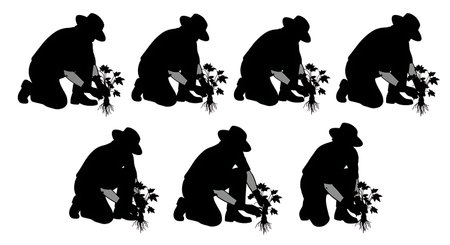 Black Solid Gardener Kneeling Pulling Silhouettes Set of Six on White Background isolated on plain white background.のイラスト素材