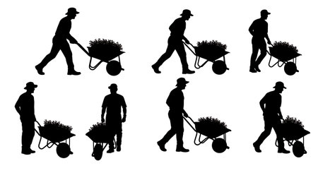 Black Solid Gardener Pushing Wheelbarrow Silhouettes Set of Six on White Background isolated on plain white background.のイラスト素材