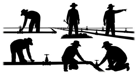 Black Solid Farmer Irrigation Check Silhouettes Set of Six on White Background isolated on plain white background.のイラスト素材