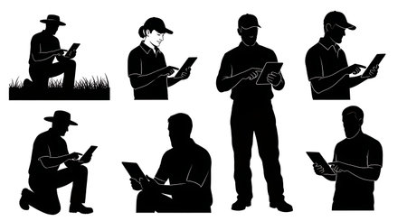 Black Solid Farmer Using Tablet Silhouettes Set of Six on White Background isolated on plain white background.のイラスト素材