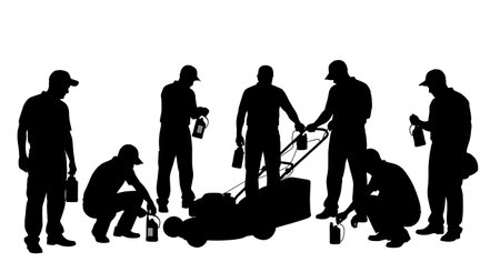Black Solid Gardener Mower Oil Silhouettes Set of Six on White Background isolated on plain white...