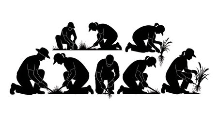 Black Solid Gardener Kneeling Pulling Silhouettes Set of Six on White Background isolated on plain white background.のイラスト素材