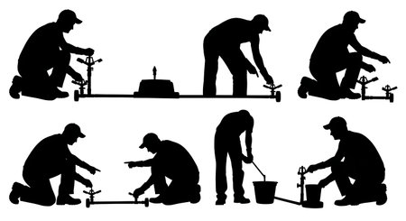 Black Solid Gardener Adjusting Sprinkler Silhouettes Set of Six on White Background isolated on plain white background.のイラスト素材
