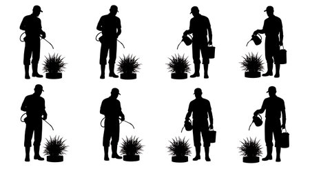 Black Solid Gardener Misting Plants Silhouettes Set of Six on White Background isolated on plain white background.のイラスト素材