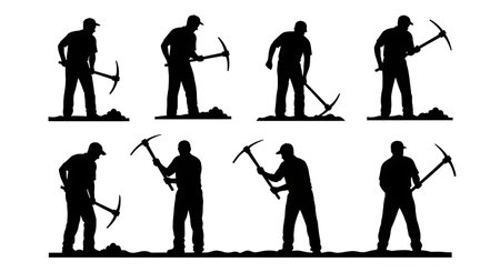 Black Solid Gardener Using Mattock Silhouettes Set of Six on White Background isolated on plain white background.のイラスト素材